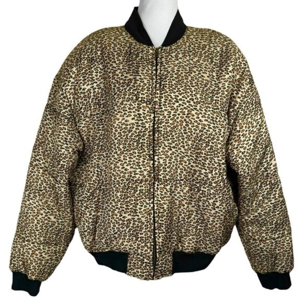 80s 1010 Leopard Print Silk‎ Puffer Bomber Jacket Size Large Quilted 90s Vintage